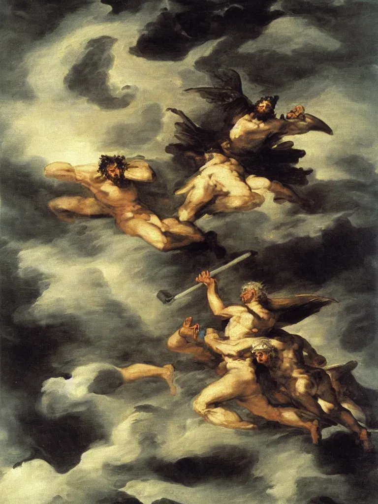 Image similar to zeus vs odin by francisco goya, detailed mythological painting, oil painting