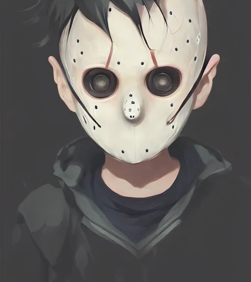 Image similar to beautiful little boy anime character inspired by jason voorhees, art by rossdraws, wlop, ilya kuvshinov, artgem lau, sakimichan and makoto shinkai, horror cinematic composition, anatomically correct, extremely coherent, realistic, mask, smooth, hd, black hair