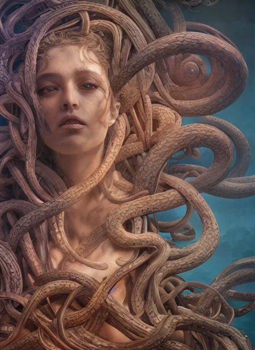 Image similar to medusa, wooden art nouveau swirls, strong subsurface scattering, cables, tubes, subsurface scattering, in the style of ruan jia and tomasz alen kopera and giger, subsurface scattering, mystical colors, rim light, dramatic lighting, 8 k, stunning scene, raytracing, octane render, trending on artstation