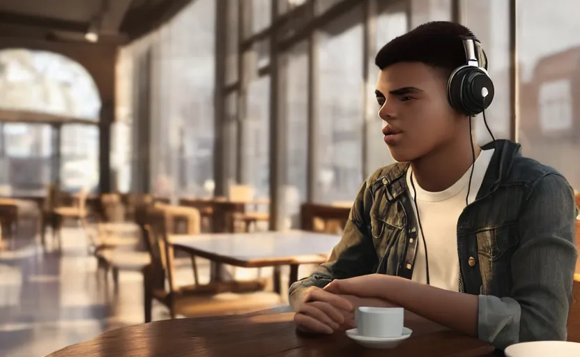 Image similar to a male teenager with headphones in a cafe sitting in front of a table with a coffee, digital painting, masterpiece, digital art, concept art, octane render, unreal engine 5, trending on deviantart, highly detailed, high quality, 4 k, cartoon, high coherence, realistic, anatomically correct, five fingers, relaxing, realistic and detailed face, beautiful, elegant