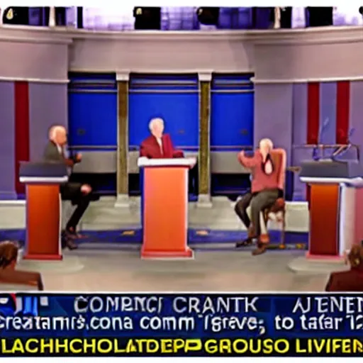 Image similar to cspan footage of presidential debate between comancho and shaggy