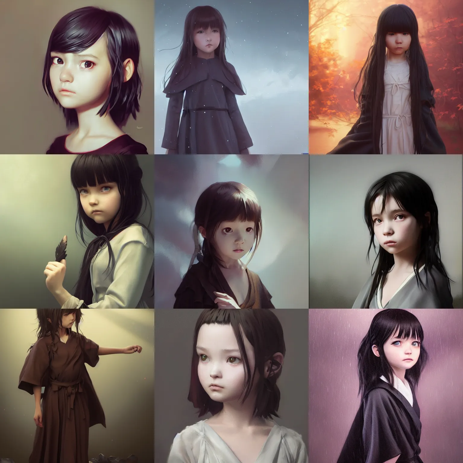 Image similar to realistic style at CGSociety by WLOP,ilya kuvshinov,krenz cushart,Greg Rutkowski,trending on artstation.Zbrush sculpt colored,Octane render in Maya,Houdini VFX.Realistic cute young girl who is dark disciple,expressing joy,wearing robe,silky hair, deep eyes.Oil painting.Cinematic dramatic atmosphere,sharp focus,soft volumetric studio lighting.