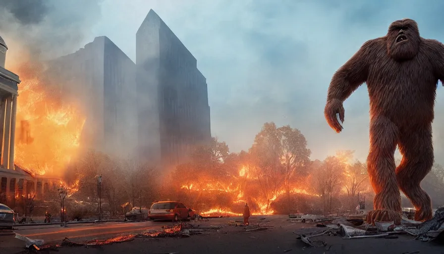 Prompt: giant bigfoot destroying washington dc, debris, collapsed buildings, burning white house, hyperdetailed, artstation, cgsociety, 8 k