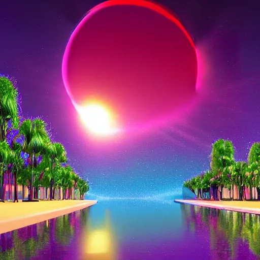 Image similar to eclipse over futuristic crystal city, water, synthwave bright neon colors highly details cinematic vladimir kush, philippe dru, roger deal, bob egg, leton, michael whelan,