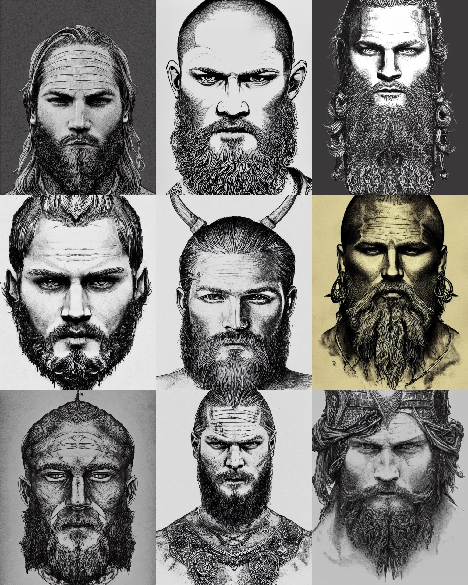 Prompt: detailed ink drawing of a head of a beared viking travis fimmel ragnar face, white wall background, front face symmetrical, trending on artstation by rob plater gustave dore