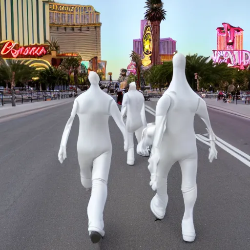 Image similar to actual photography of tall whites aliens walking along the Las Vegas strip, award winning, high def,