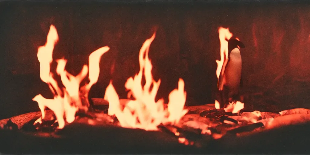 Image similar to detailed medium format photo, polaroid still from tarkovsky movie, penguin standing on burning hot coals, haze, high production value, intricate details, 8 k resolution, hyperrealistic, hdr, photorealistic, high definition, tehnicolor, award - winning photography, masterpiece, amazing colors