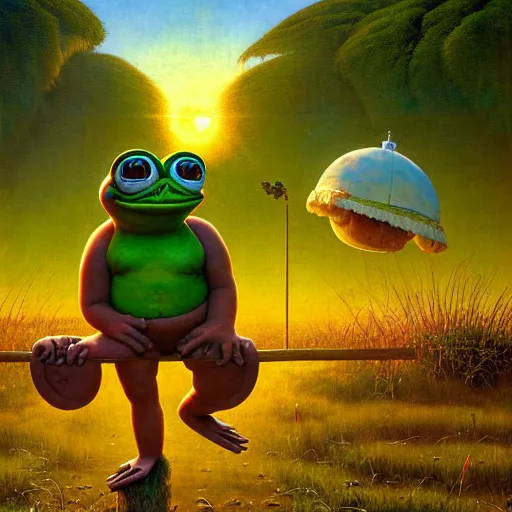 Image similar to pepe the frog walking in summer dawn, funny sunny atmosphere, positive vibe, norman rockwell, bao phan, bruce pennington, larry elmore, oil on canvas, deep depth field, masterpiece, cinematic composition, hyper - detailed, hd, hdr