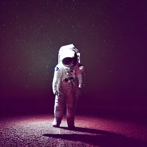 Image similar to photograph of an astronaut against the pitch black darkness of space, nothing behind, full body photo, amazing light and shadow contrast,, 8 k