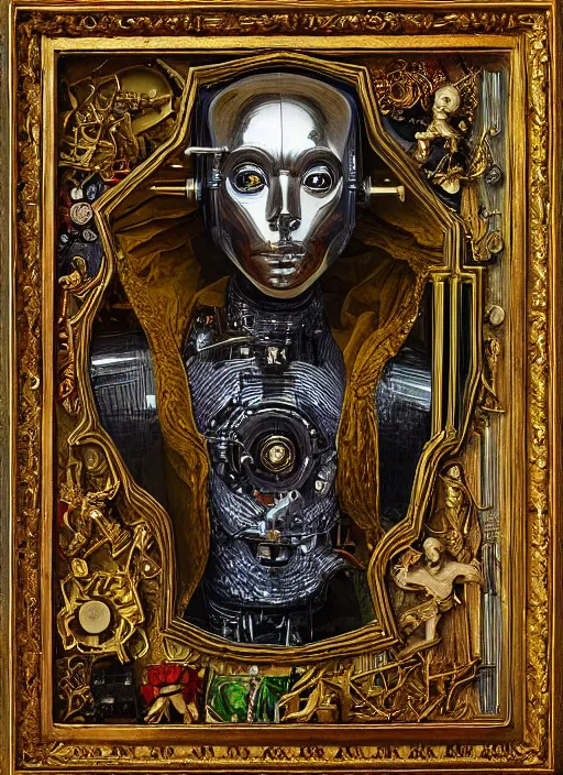 Prompt: a portrait of a shiny metallic renaissance steampunk robot, in the style of Jan van Eyck,