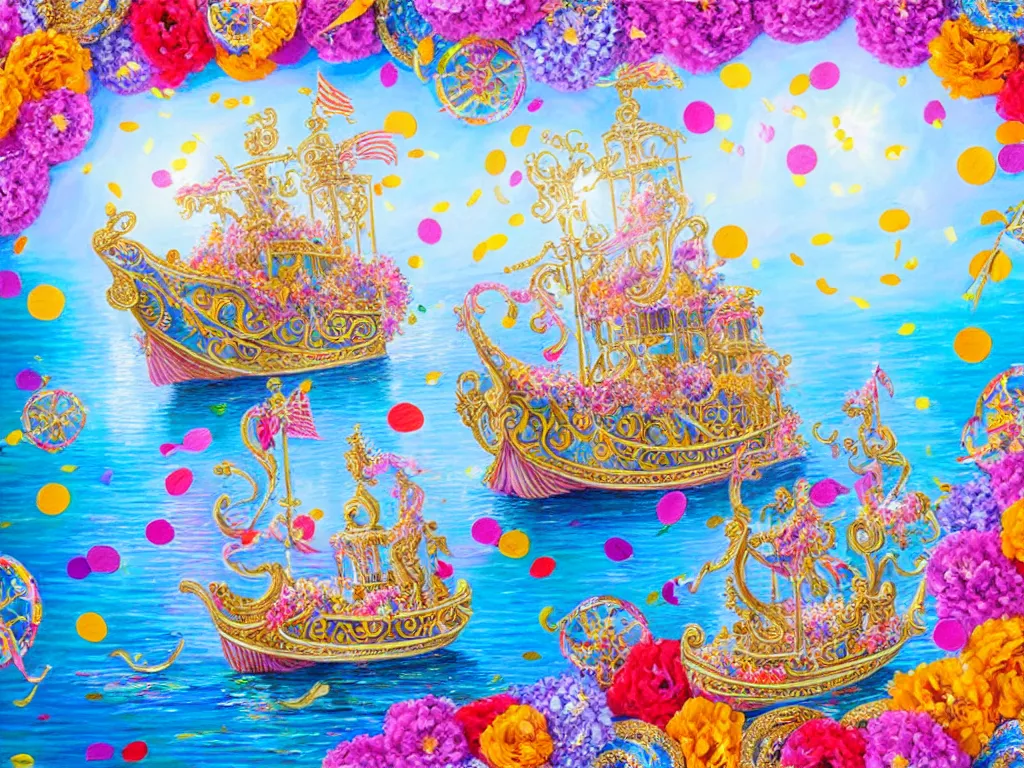 Image similar to a highly detailed painting of a fantasy ornate embellished swan boat cruise ship covered in flowers, streamers, confetti, pin wheels, kites.