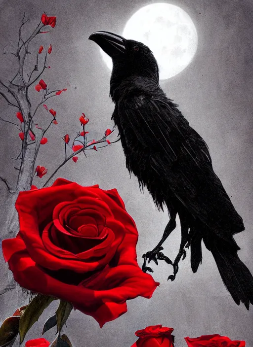 Image similar to portrait, A crow with red eyes in front of the full big moon, book cover, red roses, red white black colors, establishing shot, extremly high detail, foto realistic, cinematic lighting, pen and ink, intricate line drawings, by Yoshitaka Amano, Ruan Jia, Kentaro Miura, Artgerm, post processed, concept art, artstation, matte painting, style by eddie mendoza, raphael lacoste, alex ross