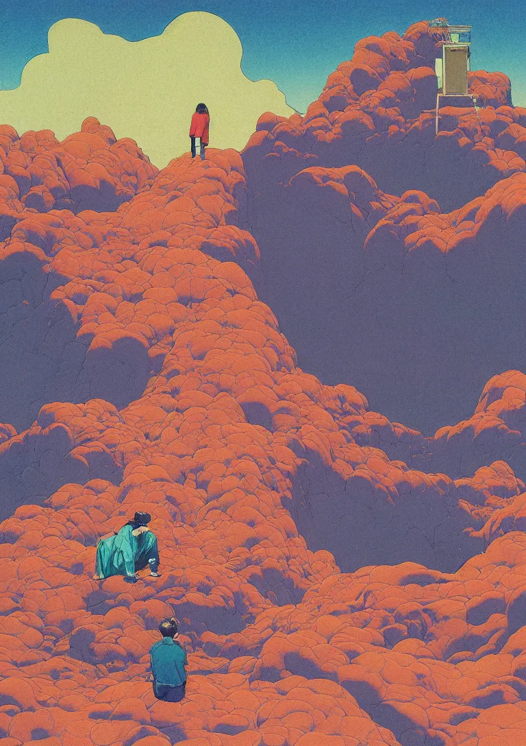 Prompt: a portrait of a man eating a paper blotter tab of LSD acid and melting into a psychedelic landscape, risograph by kawase hasui, moebius, Edward Hopper and James Gilleard, Zdzislaw Beksinski, Steven Outram colorful flat surreal design, hd, 8k, artstation