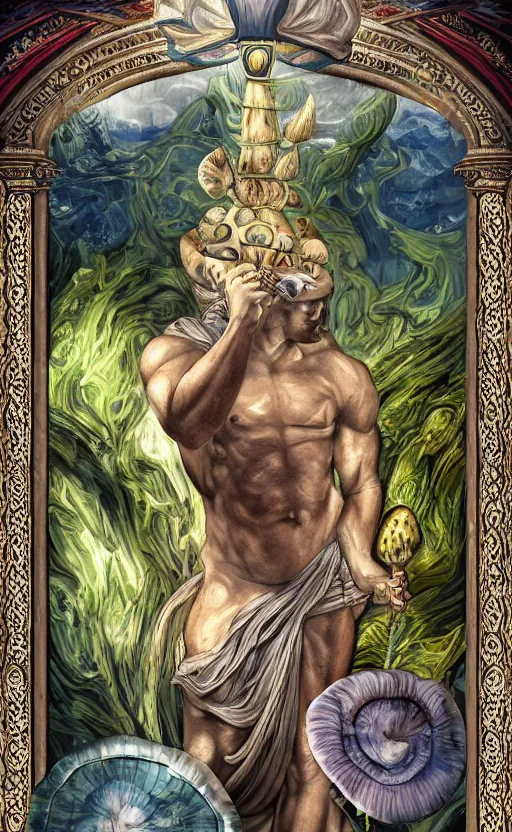 Image similar to a masterpiece hyperdetailed dnd tarot card, magnificent shrigma the mushroom deity as depicted in a colossal greek marble statue ( with godlike bodybuilder physique ), hd tarot card depicting monumental statue of a mushroom god with cute large mushroom hat, hdr, 8 k, artstationhq, digital art