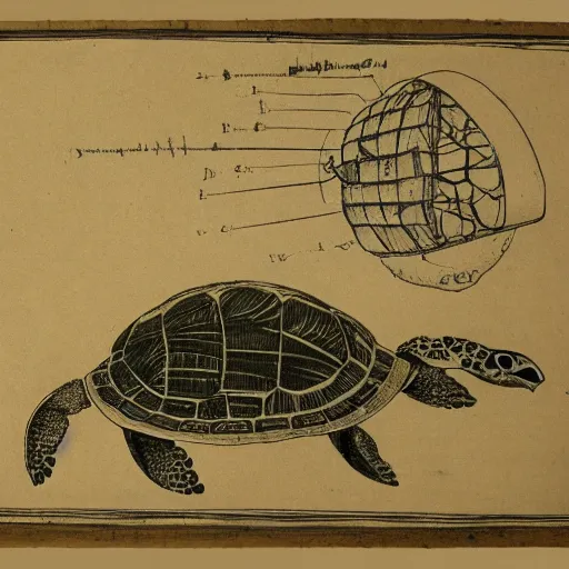 Image similar to a turtle airship, mechanical diagram, drawing from the notebooks of da vinci