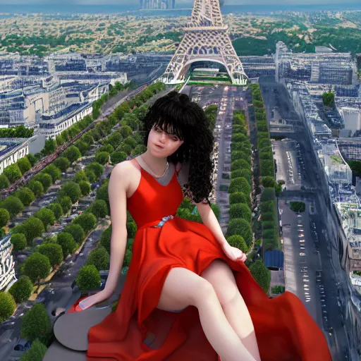 Prompt: A young beautiful giantess wearing a sundress sitting on the Eifel tower, beautiful lighting,digital art , highly detailed , high contrast, beautiful lighting, award winning , trending on art station, 8k, photorealistic,unreal engine 5