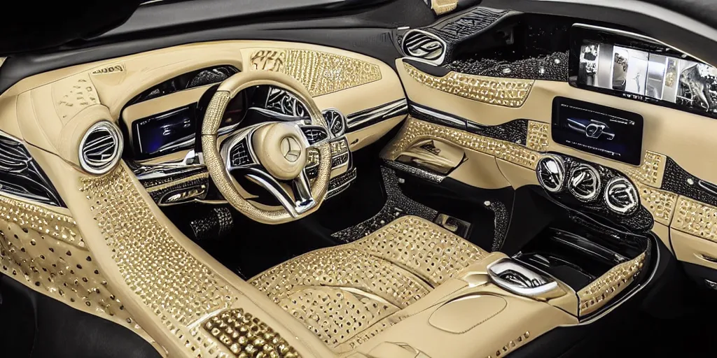 Image similar to a mercedes studded with diamonds, luxurius, premium, gold plated