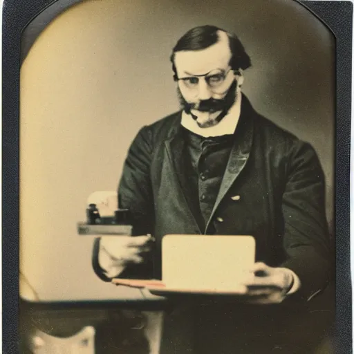 Image similar to old polaroid depicting a scientist from the 1 9 th century holding a modern day laptop