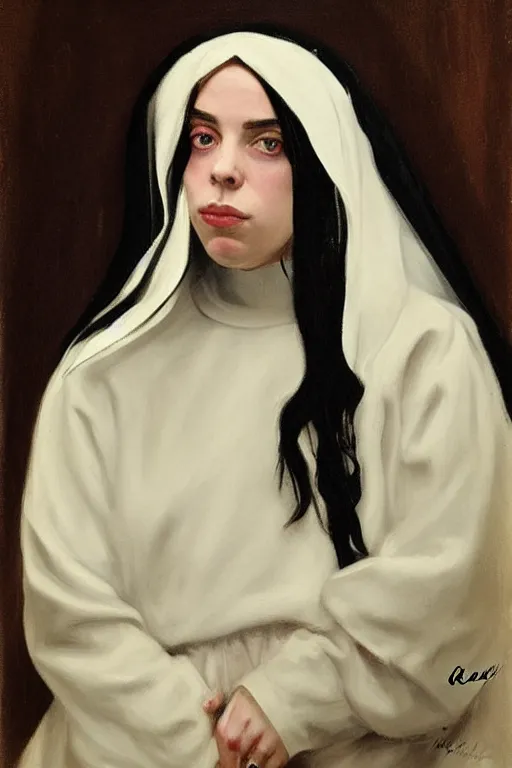 Prompt: Billie Eilish as a nun, painted by Robert Henri