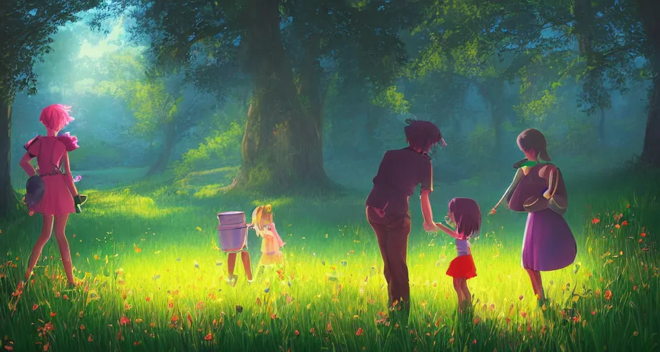 Image similar to Enchanted and magic forest, a glowing treasure chest sits in a meadow by ilya kuvshinov