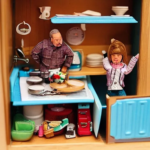 Prompt: Miniature people living in dresser drawers