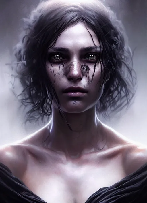 Prompt: lovely woman in distress, black shiny eyes, ultra realistic, concept art, intricate details, eerie, highly detailed, photorealistic, 8 k, unreal engine. art by artgerm and greg rutkowski and magali villeneuve