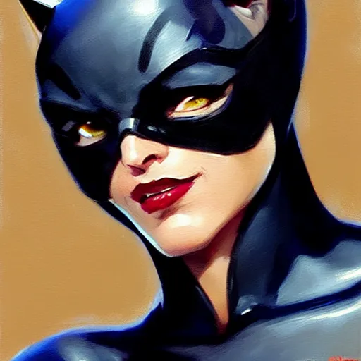 Image similar to Greg Manchess portrait painting of Catwoman as Overwatch character, medium shot, asymmetrical, profile picture, Organic Painting, sunny day, Matte Painting, bold shapes, hard edges, street art, trending on artstation, by Huang Guangjian and Gil Elvgren and Sachin Teng