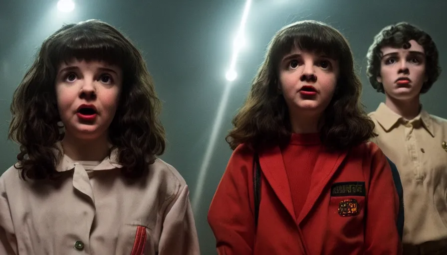 Prompt: stranger things scene featuring a young kate bush as Nancy Wheeler, dramatic lighting, cinematic