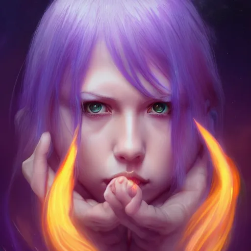 Image similar to rimuru tempest from tensura holding purple fire in her palm, with amber eyes of golden colored eyes, straight hair, sky blue hair, long bangs, concept art, award winning photography, key visual, digital painting, cinematic, wlop, 8 k, by ross tran, andy warhol, tom bagshaw