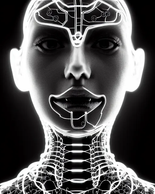 Image similar to black and white cyborg-plant goddess high quality photo, microchip, artificial intelligence, bio-mechanical bio-luminescence, black wired cables, neurons, nerve cells, octane render, cinematic, rim light, hyper realism, photo-realistic, high detail, 8k, masterpiece, high fashion, in the style of Steven Meisel and Dora Maar and H.G. Giger