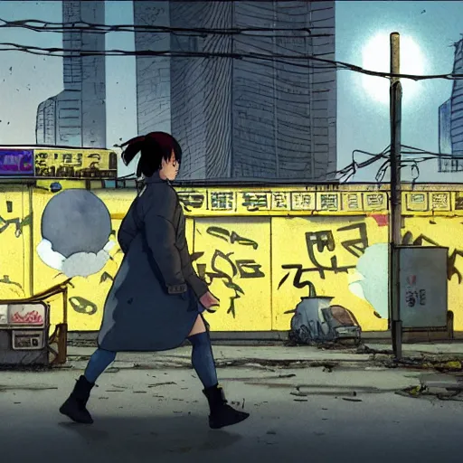 Image similar to incredible wide screenshot, ultrawide, simple watercolor, rough paper texture, ghost in the shell movie scene, backlit distant shot of girl in a parka running from a giant robot invasion side view, yellow parasol in deserted dusty shinjuku junk town, broken vending machines, bold graphic graffiti, old pawn shop, bright sun bleached ground, mud, fog, dust, windy, scary robot monster lurks in the background, ghost mask, teeth, animatronic, black smoke, pale beige sky, junk tv, texture, brown mud, dust, tangled overhead wires, telephone pole, dusty, dry, pencil marks, genius party,shinjuku, koji morimoto, katsuya terada, masamune shirow, tatsuyuki tanaka hd, 4k, remaster, dynamic camera angle, deep 3 point perspective, fish eye, dynamic scene