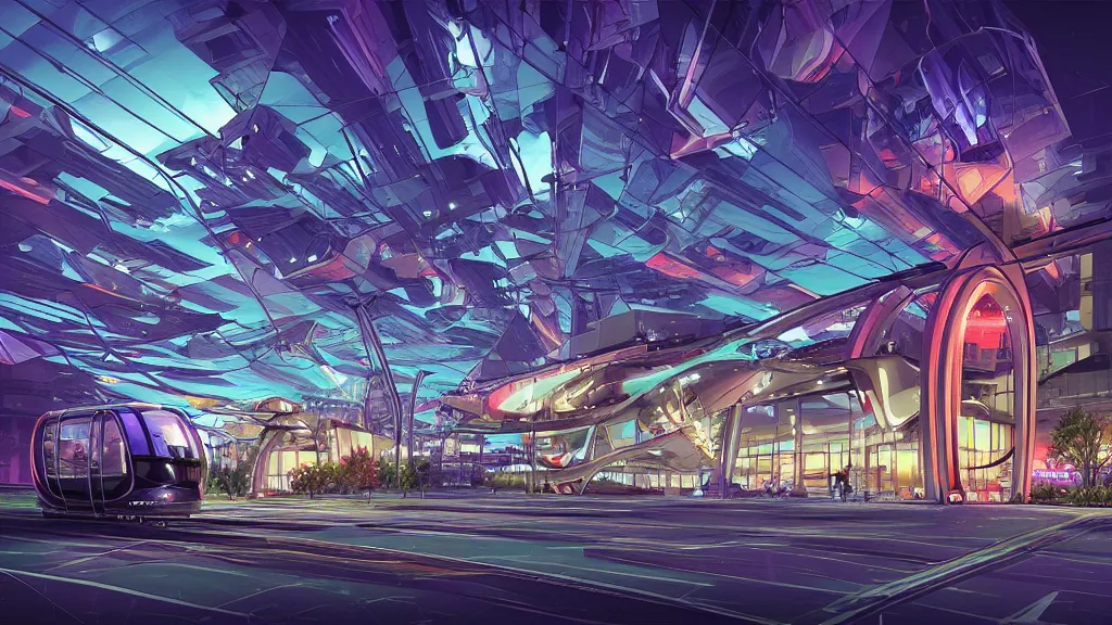 Image similar to view of the futuristic church building in the downtown of the city at night by cyril rolando and naomi okubo and dan mumford and zaha hadid. flying cars. advertisements. neon. tram.