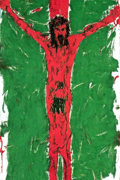 Image similar to green background with bloody christ crucified painted by cy twombly and andy warhol