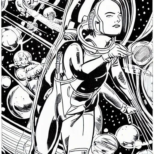 Prompt: clean simple line art of a woman floating in space wearing a space suit. no background. well composed, clean coloring book page, beautiful detailed face. coloring book line art by mike mignola and steve ditko