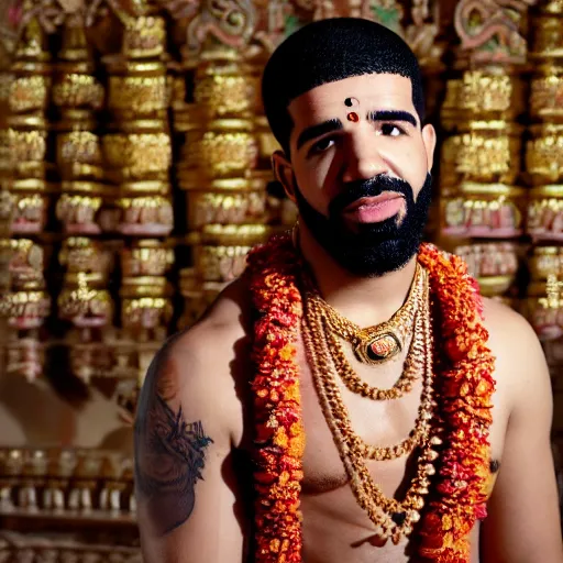 Prompt: photograph of drake the rapper standing in a hindu kovil, wearong a sarong, extremely detailed, photorealistic, accurate portrayal, drake the rapper's face