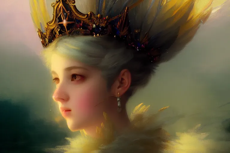 Image similar to Portrait of magical girl, close up, wearing crown of bright feathers, painting by Ivan Aivazovsky and Greg Rutkowski, artstation, fantasy, intricate, beautiful, cinematic, octane render, arnold render, 8k, hyper realism, detailed, sharp focus, 4k uhd, masterpiece, award winning