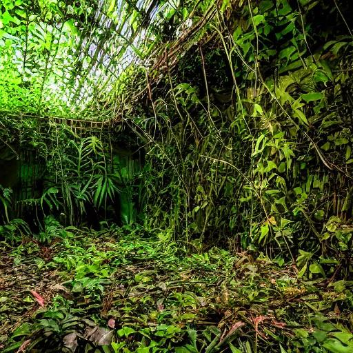 Prompt: abandoned, overgrown, underground bunker. jungle room.