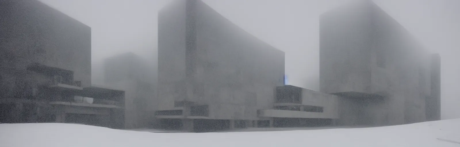 Image similar to snow falling on complex, geometric brutalist buildings, fragmented architecture, diagonal shapes, complex ramps, balconies, stairways, sharp focus, clear focus, beautiful, award winning architecture, le corbusier, frank lloyd wright, snow, fog, mist, hopeful, quiet, calm, serene