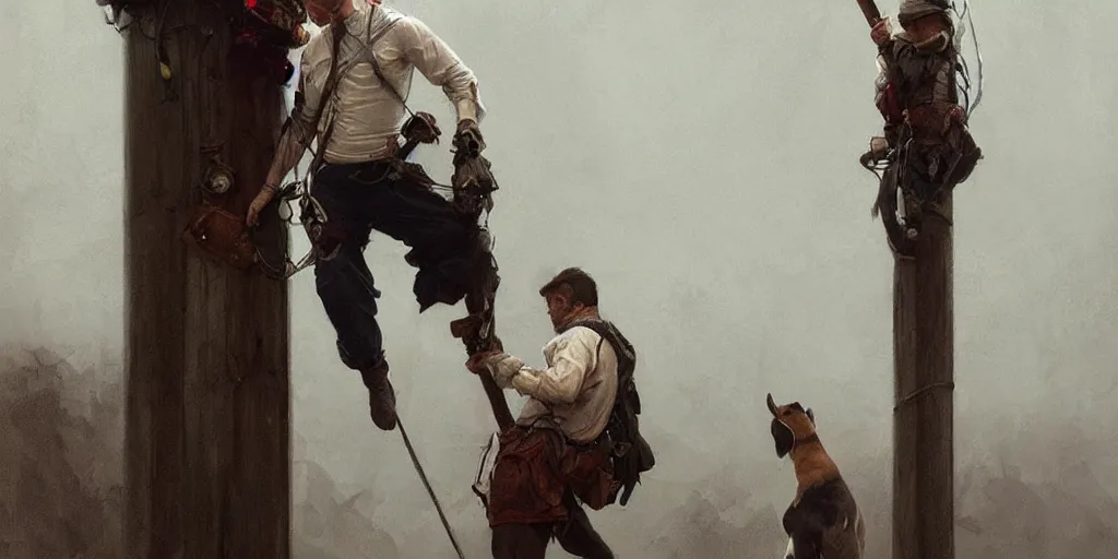 Prompt: a jack russell terrier tied a man to a pole, highly detailed, digital painting, artstation, concept art, smooth, sharp focus, illustration, cinematic lighting, art by artgerm and greg rutkowski and alphonse mucha