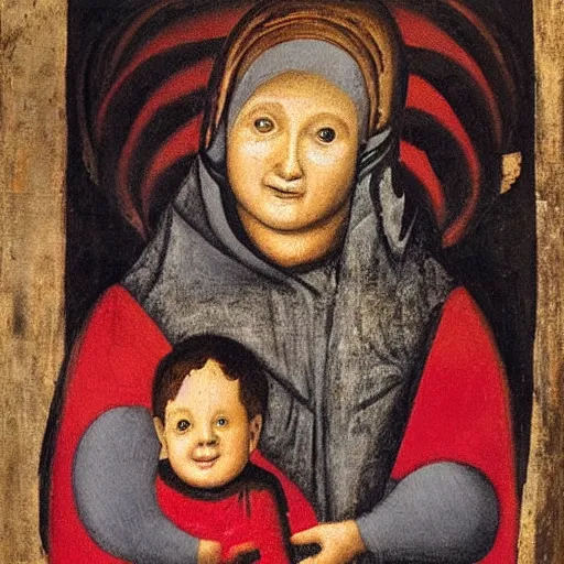 Image similar to painting of a baby that looks like benjamin netanyahu smiling while being held by his mother, by duccio