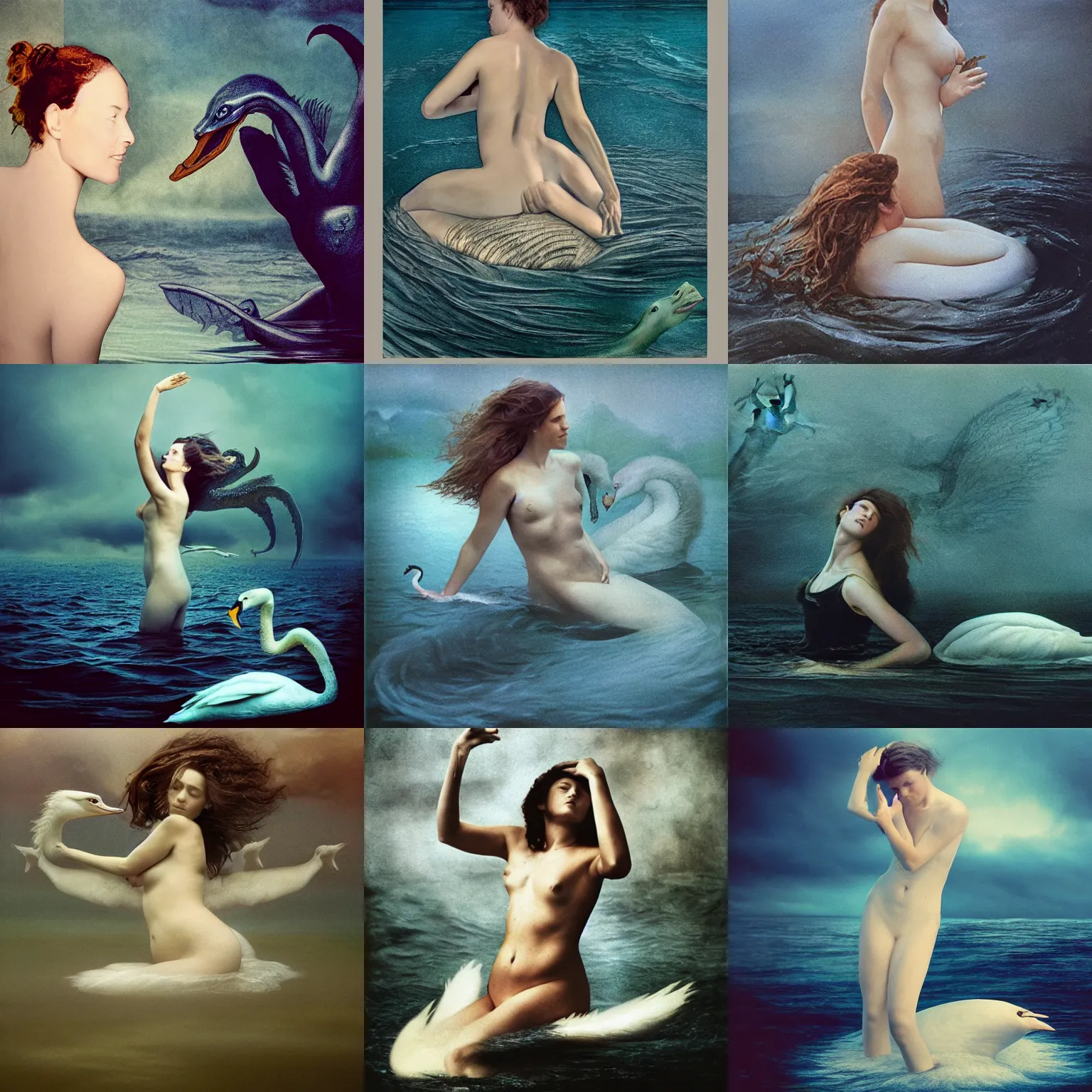 Prompt: Picture of a woman and a sea monster by Annie Leibovitz in the style of Leda and the Swan.
