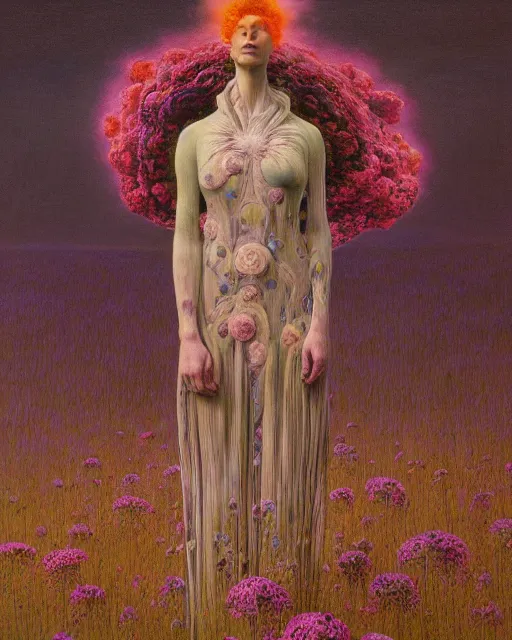 Prompt: A portrait of a woman wearing clothes made out of dying flowers, nuclear explosion in the background, Masterpiece, cyan skin, glowing, wires everywhere, by Edgar Maxence and Ross Tran, Zdzisław Beksiński, and Michael Whelan, distant, gustav dore, H.R. Giger, 8k, octane render