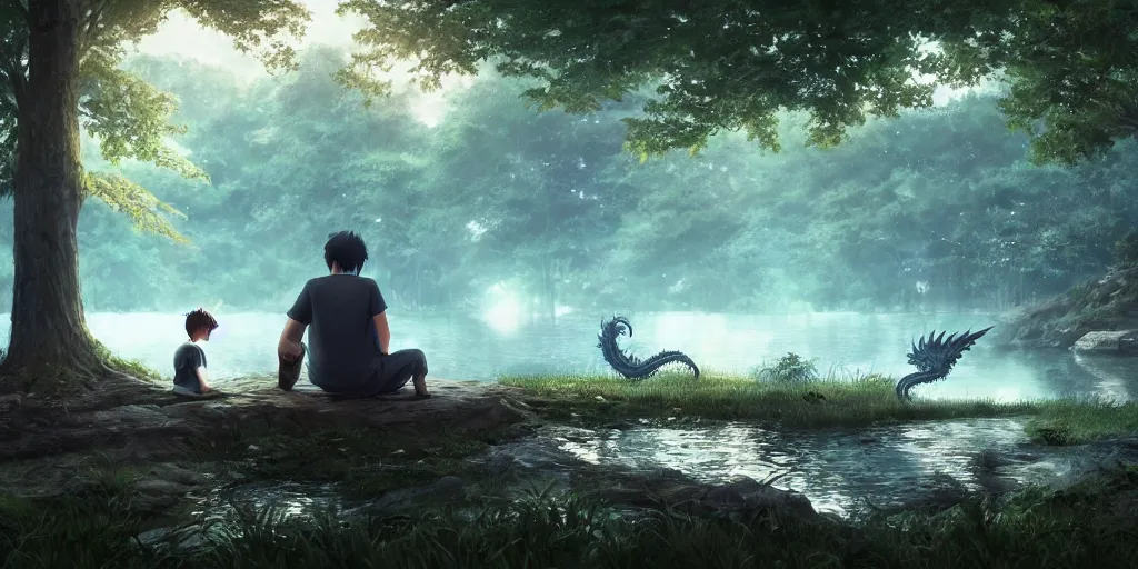 Image similar to a big silver dragon and a boy sitting next to lake in forest, many fireflys, at night, concept art, dof, cryengine, digital art, detailed background, makoto shinkai