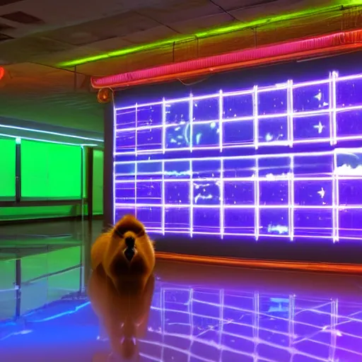 Prompt: a capybara in a spaceship hallway filled with glowing screens