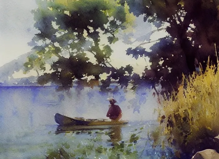 Prompt: watercolor painting of sunny summer morning, calm water, art by anders zorn, wonderful masterpiece by greg rutkowski, beautiful cinematic light, american romanticism by greg manchess, creation by tyler edlin, aquarelle