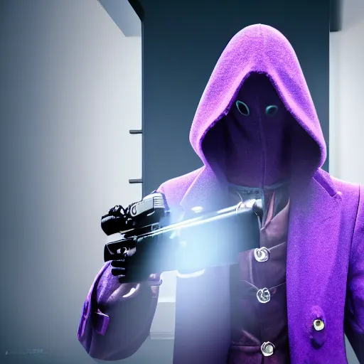 Prompt: mysterious figure in a purple coat holding a revolver at the camera, ultra detailed, 8k, steampunk