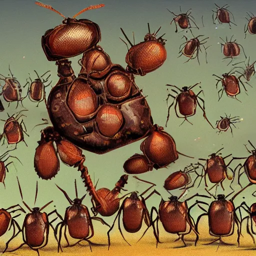 Prompt: War scene of a microscopic king sitting on an cockroach head and riding it like a stallion, with an army of tiny men on ants following him, detailed digital art