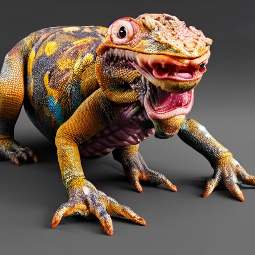 Prompt: a grotesque but cute creature crawling on four legs with weird features, strange feeelrs, coloured scaly skin, looking inquisitively at the camera, 3d render, studio lighting