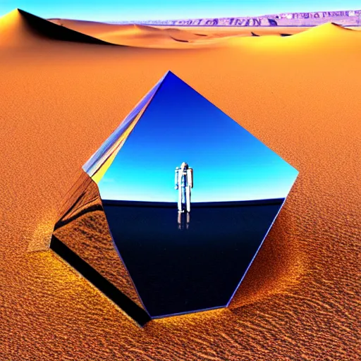 Image similar to big angular crystal in the desert, reflection from the crystal is sparkling due to sun, small starship near, futuristic, hi-tech details, style jean giraud