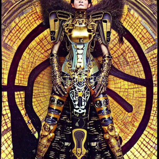 Image similar to haute couture scale armour sf paladin editorial by klimt, biomechanical hornet with metal couture wings by malczewski, ornate wh 4 0 k chaos lord in gold, bismuth and obsidian by giger, on bloody cosmic battleground by alphonse mucha